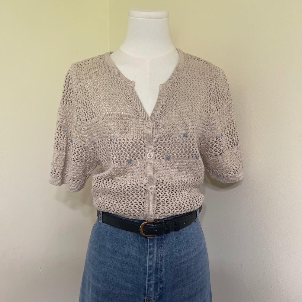 Christopher&Banks Linen Cotton Open Knit Beaded Cardigan Sweater Beige Womens M